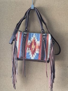 Myra Bag Blue Rays Woven Southwestern CCW Fringe Crossbody Purse w Holster